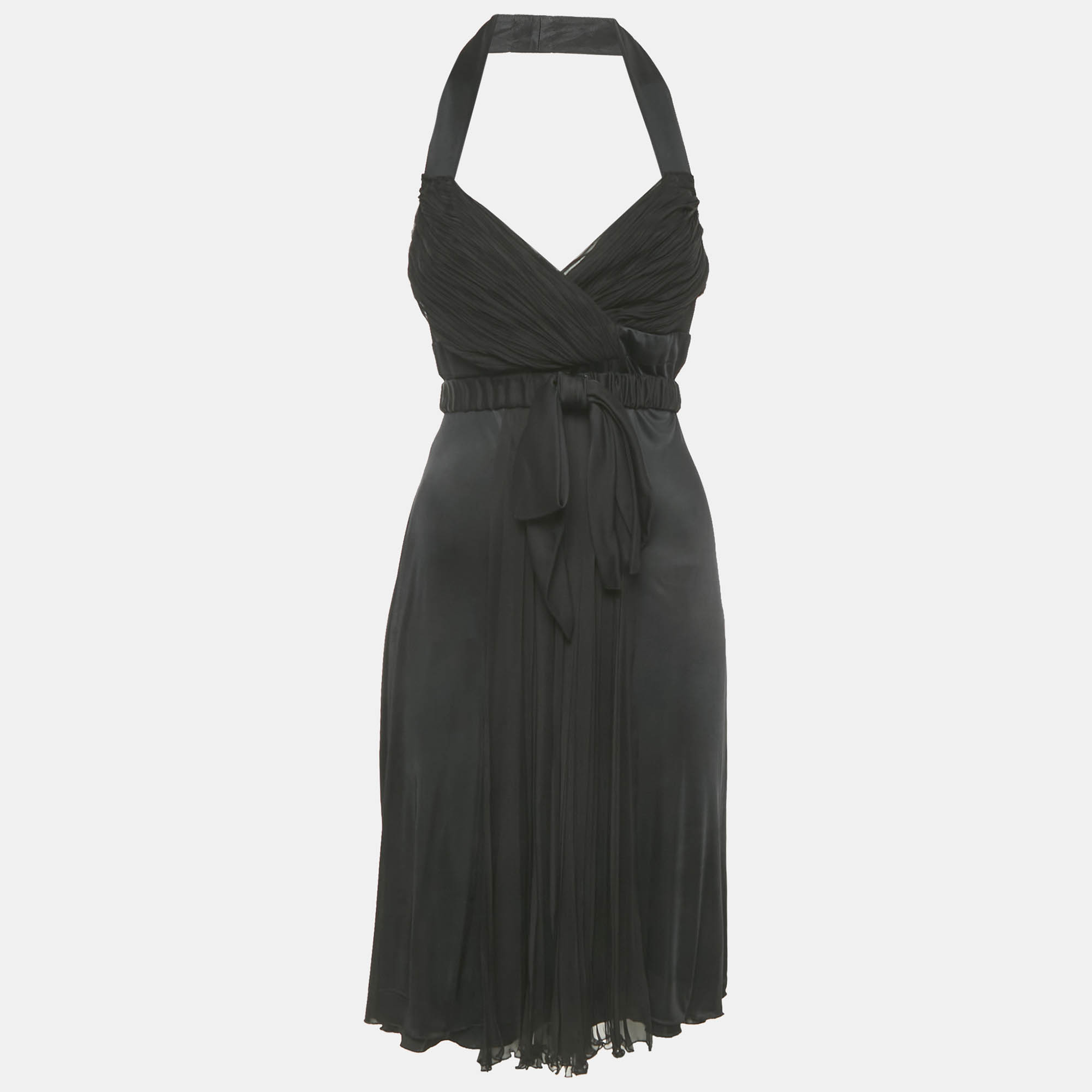 

Versace Black Jersey & Silk Halter Neck Backless Belted Mini Dress M