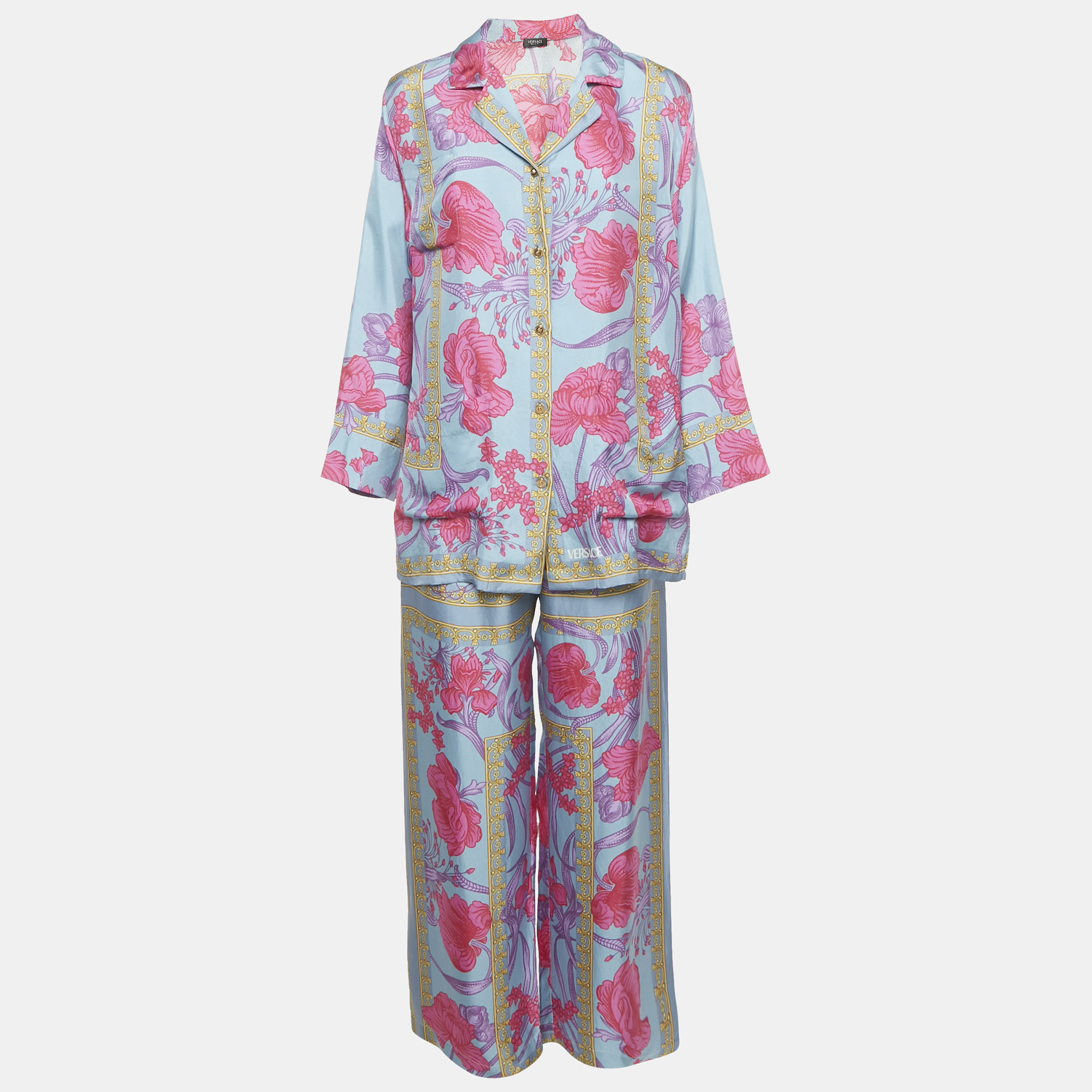 

Versace Blue/Pink Floral Print Silk Shirt and Pants Set S/M