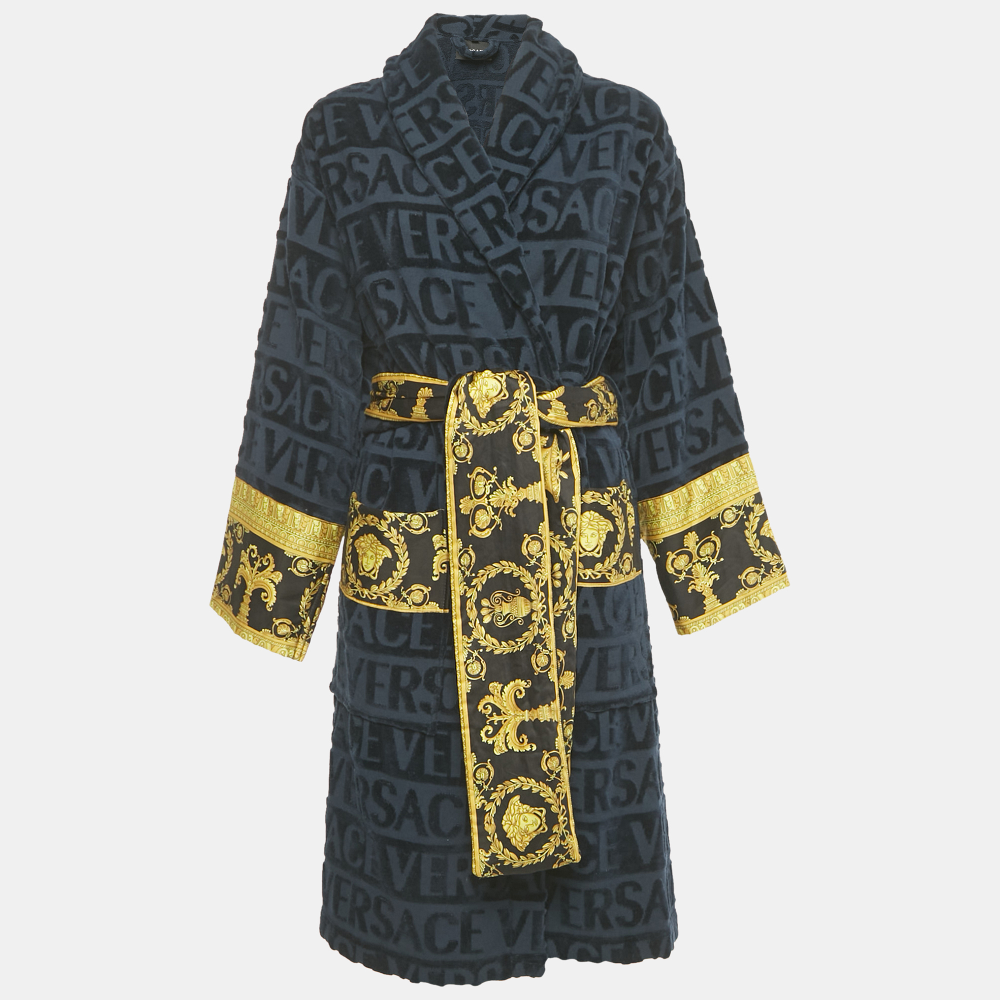 Pre-owned Versace Navy Blue Monogram Medusa Amplified Terry Bathrobe S