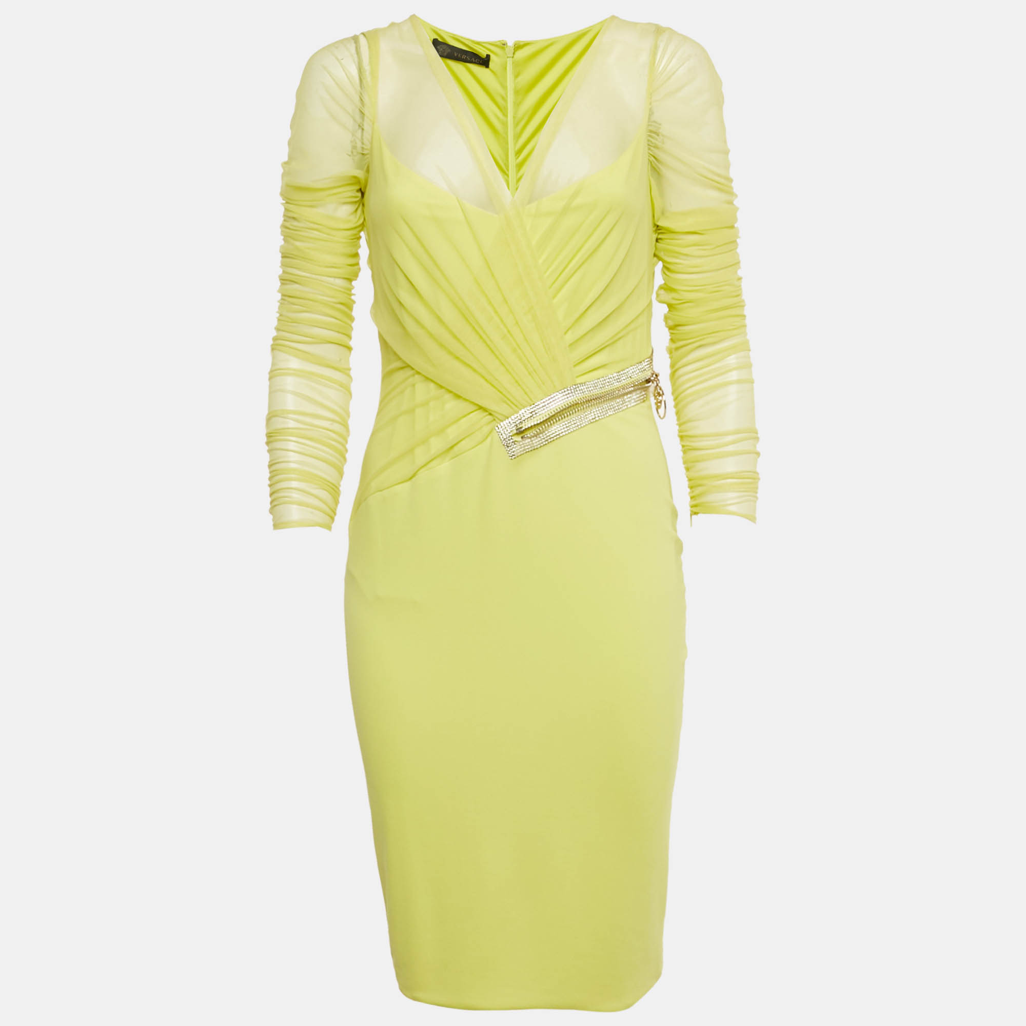 

Versace Neon Yellow Embellished Detail Mesh & Jersey Short Dress M