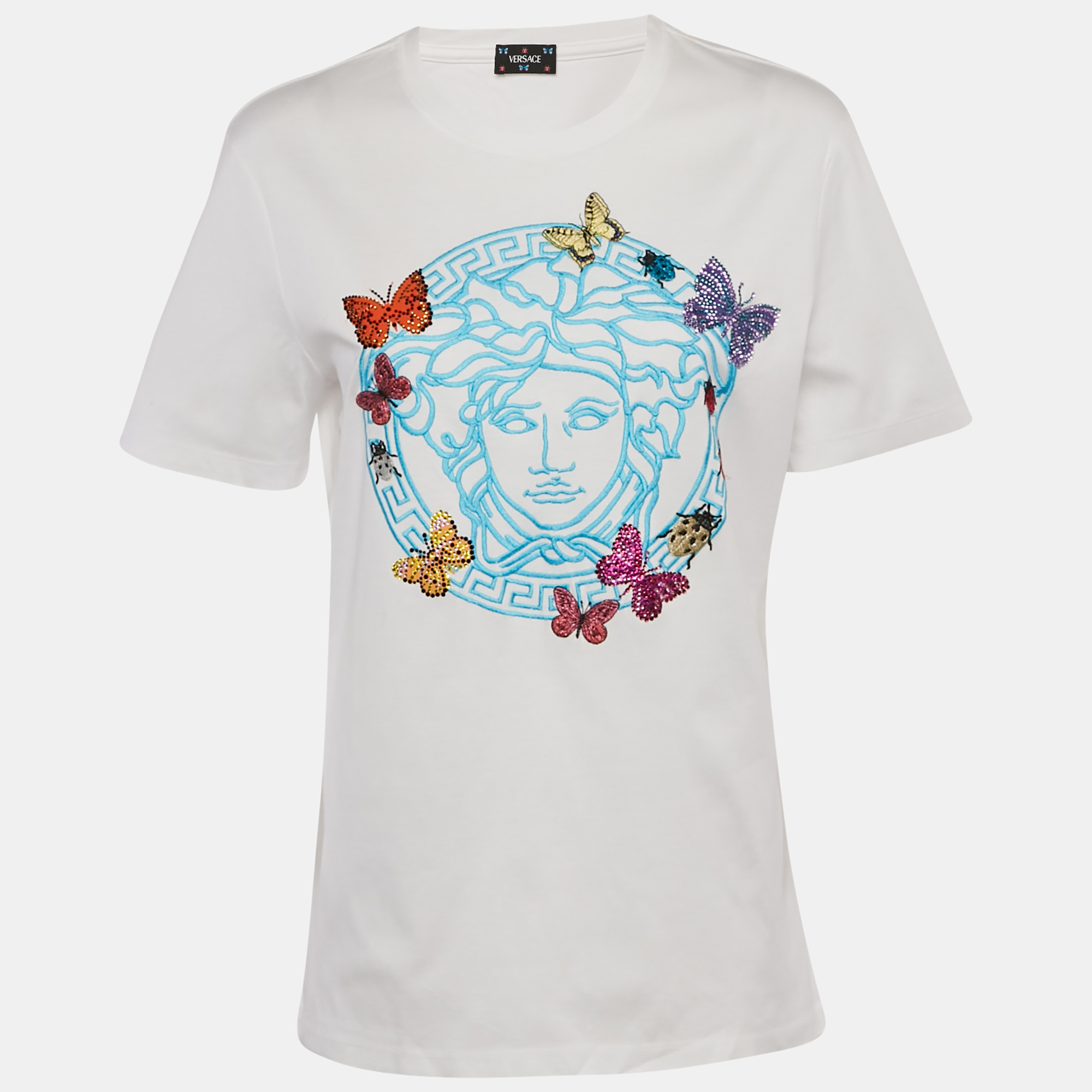Versace White Cotton Medusa Butterfly Embellished Crew Neck T-Shirt M