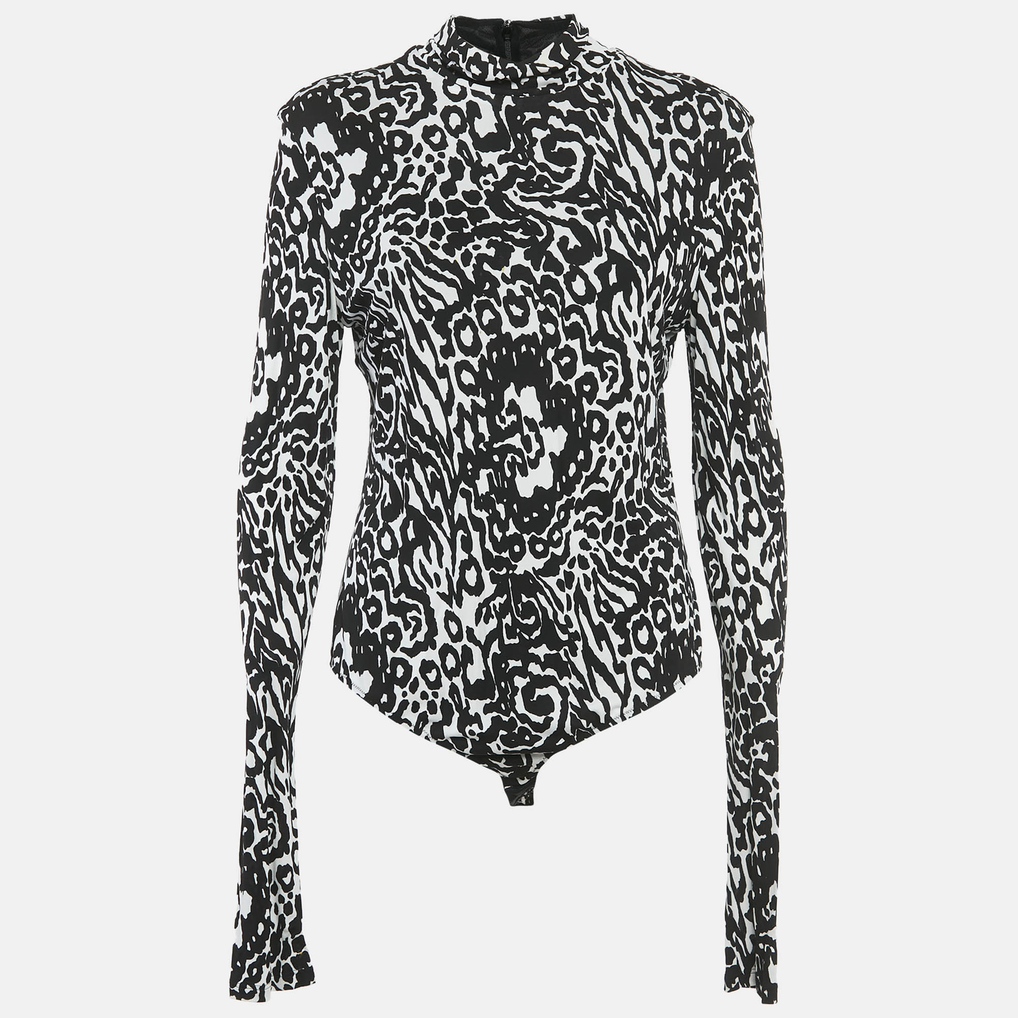 Pre-owned Versace Black/white Printed Jersey Bodysuit L