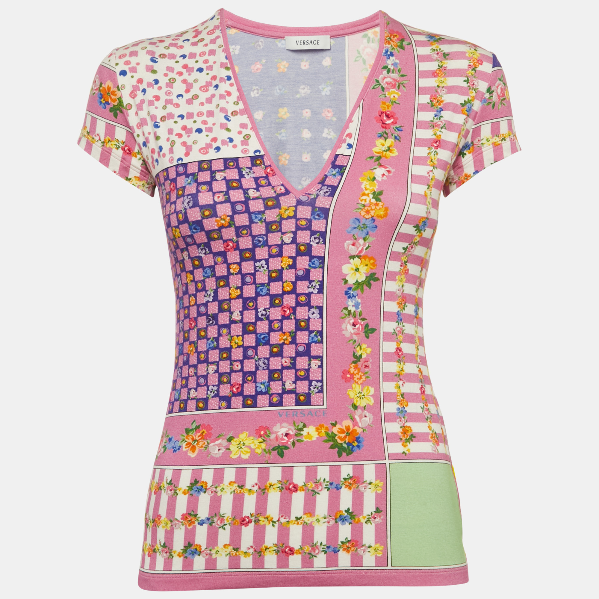 

Versace Pink Printed Jersey V Neck T-Shirt S