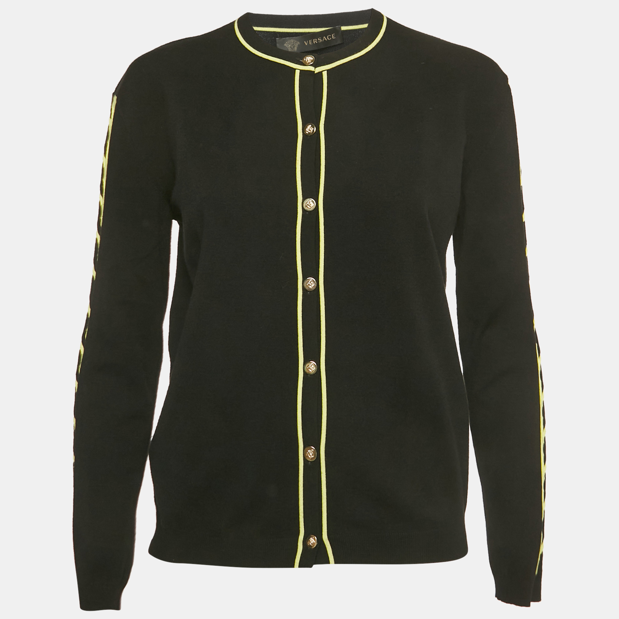 Pre-owned Versace Black Knit Cut -out Detail Knit Button Front Cardigan L