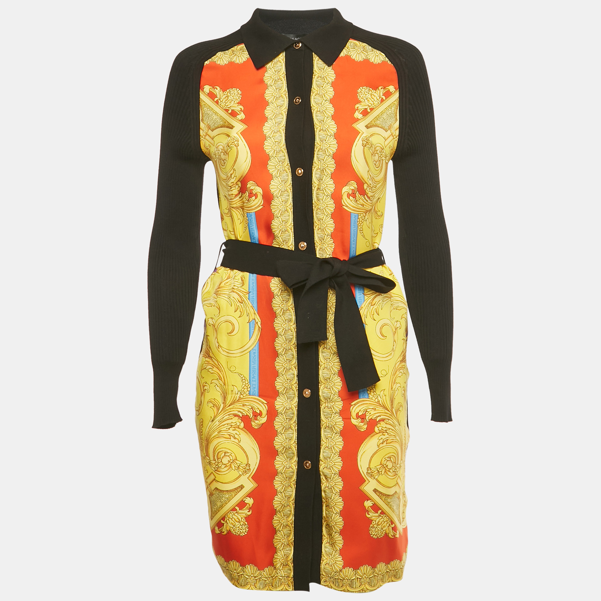 Pre-owned Versace Black/yellow Barocco Print Silk And Rib Knit Cardigan Xs