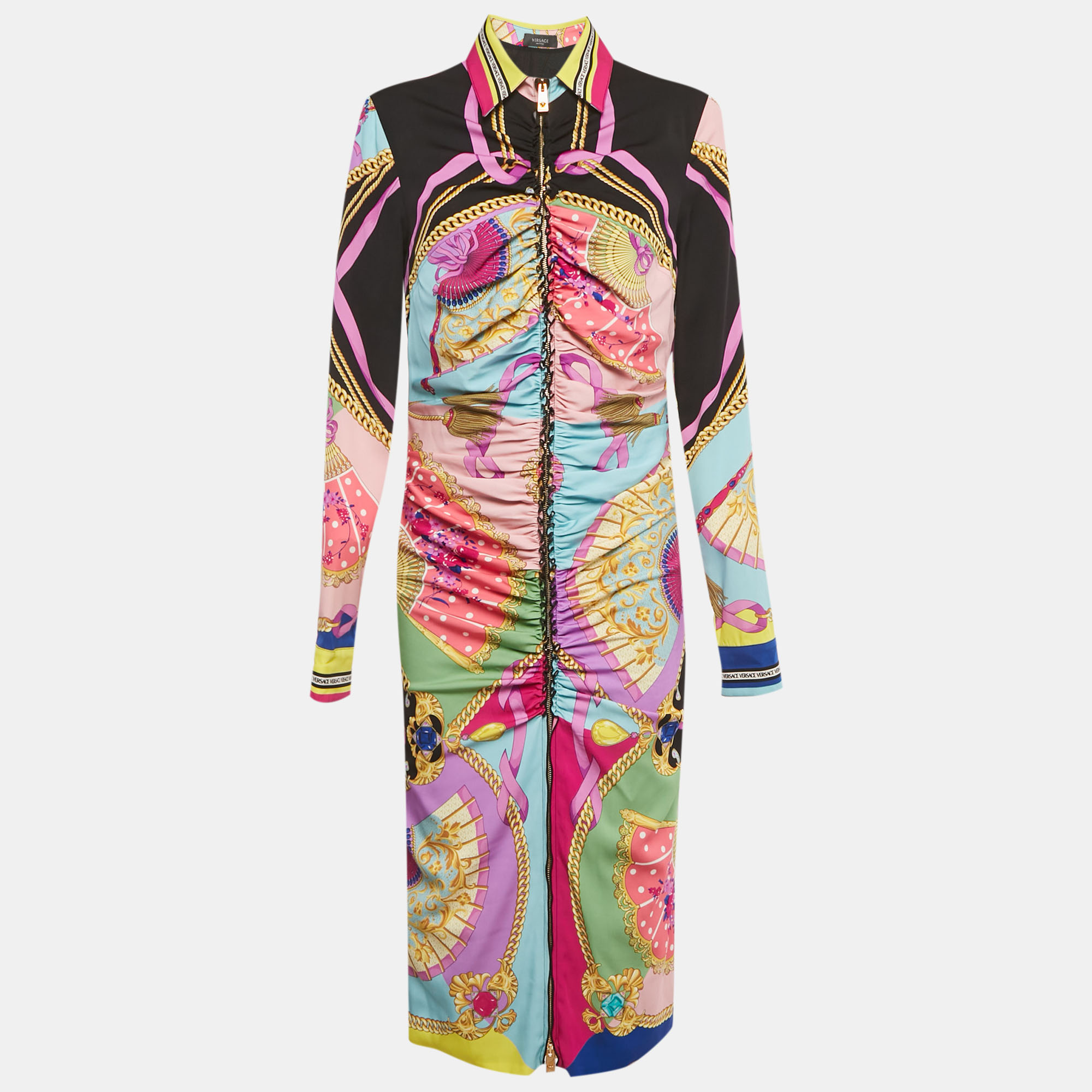 

Versace Multicolor Ventagli Print Silk Zip Up Shirt Midi Dress L