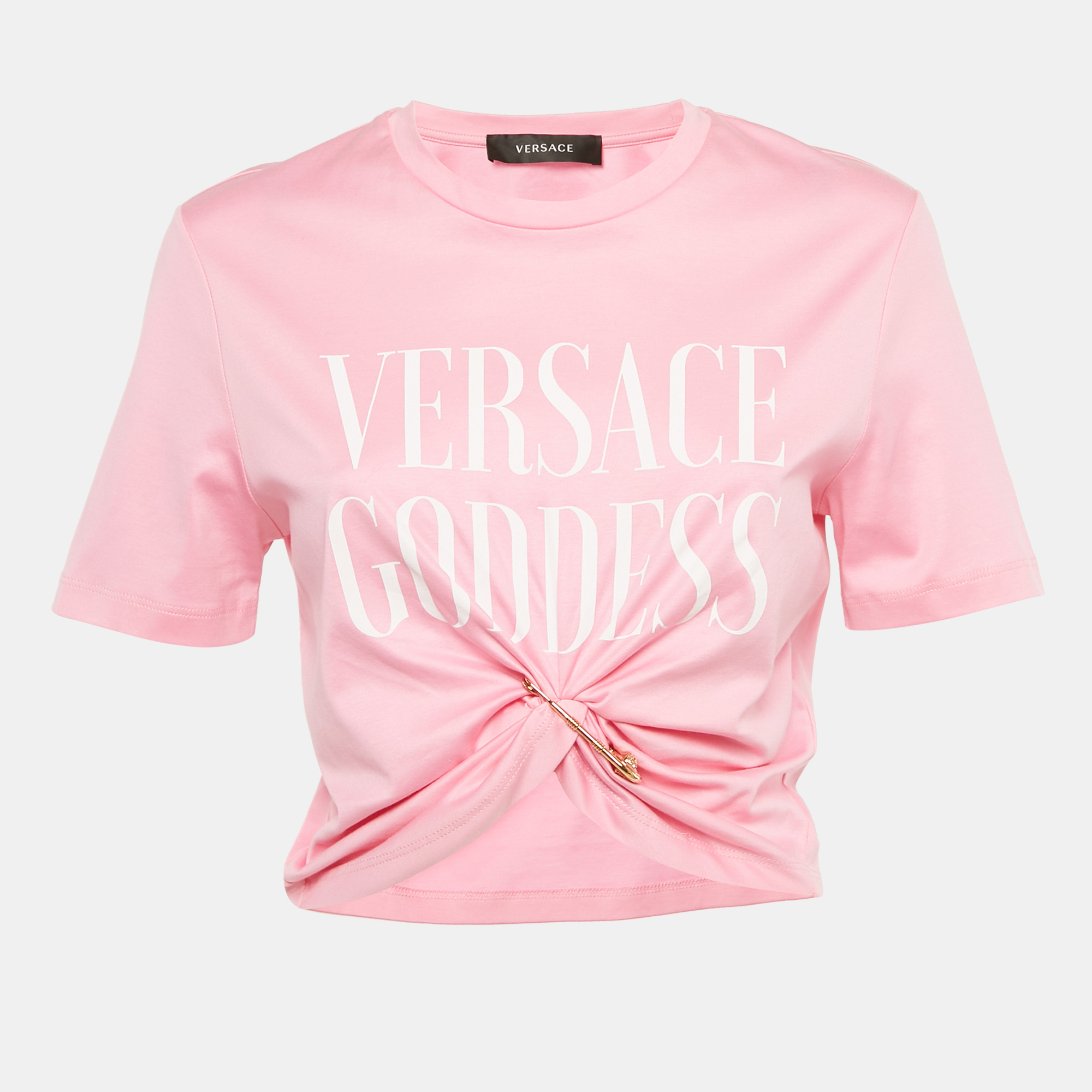 Pre-owned Versace Pink Goddess Print Cotton Knotted Crop Top S