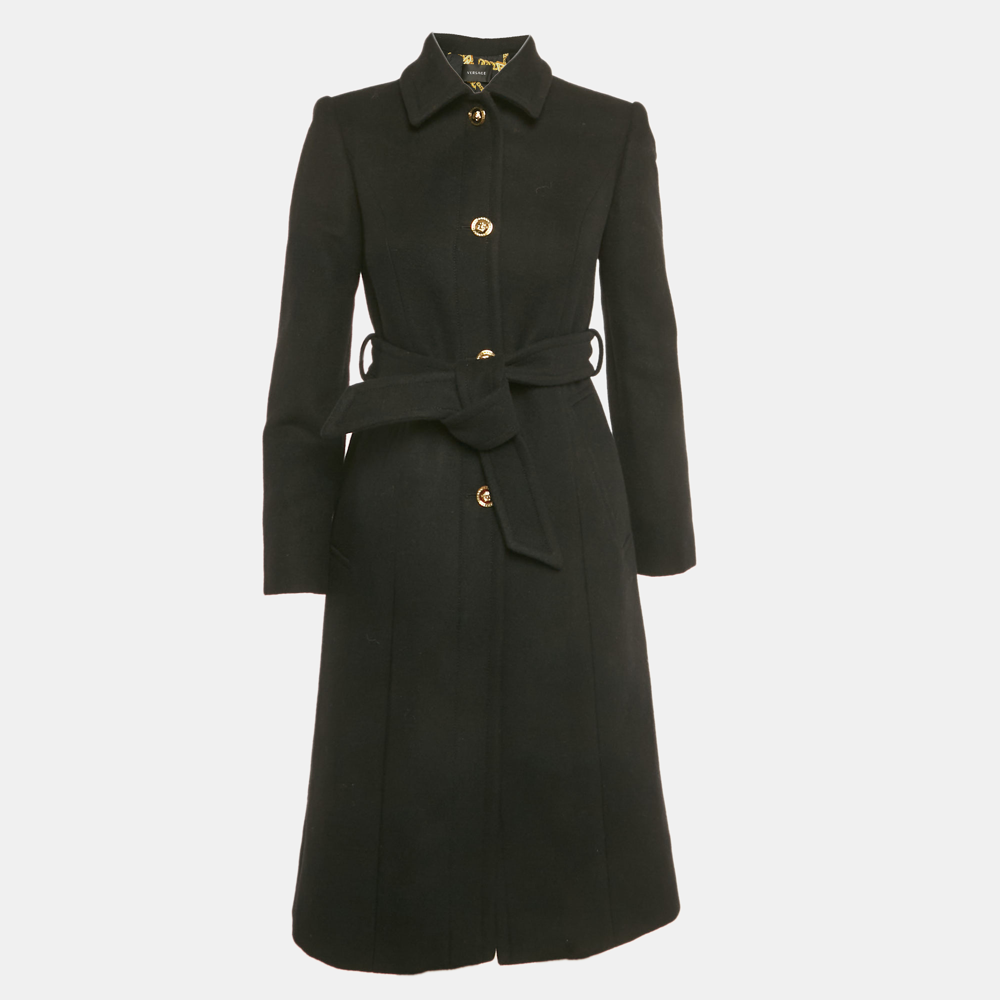 Versace Black Wool Felt Belted Midi Coat XS