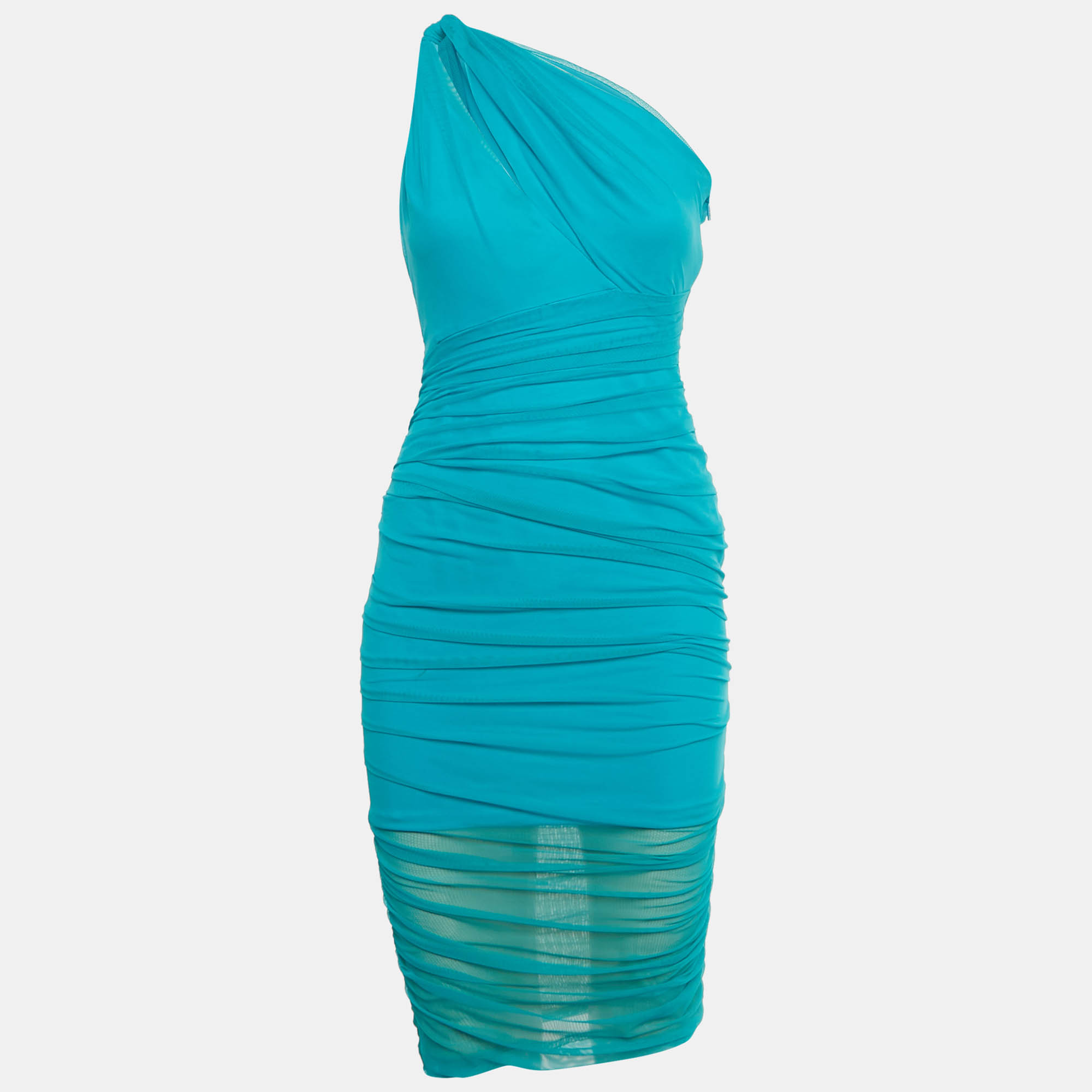 Click to view more detailed imagery on our partner's website Pre-owned Versace Blue Tulle Ruche One-shoulder Midi Dress S
