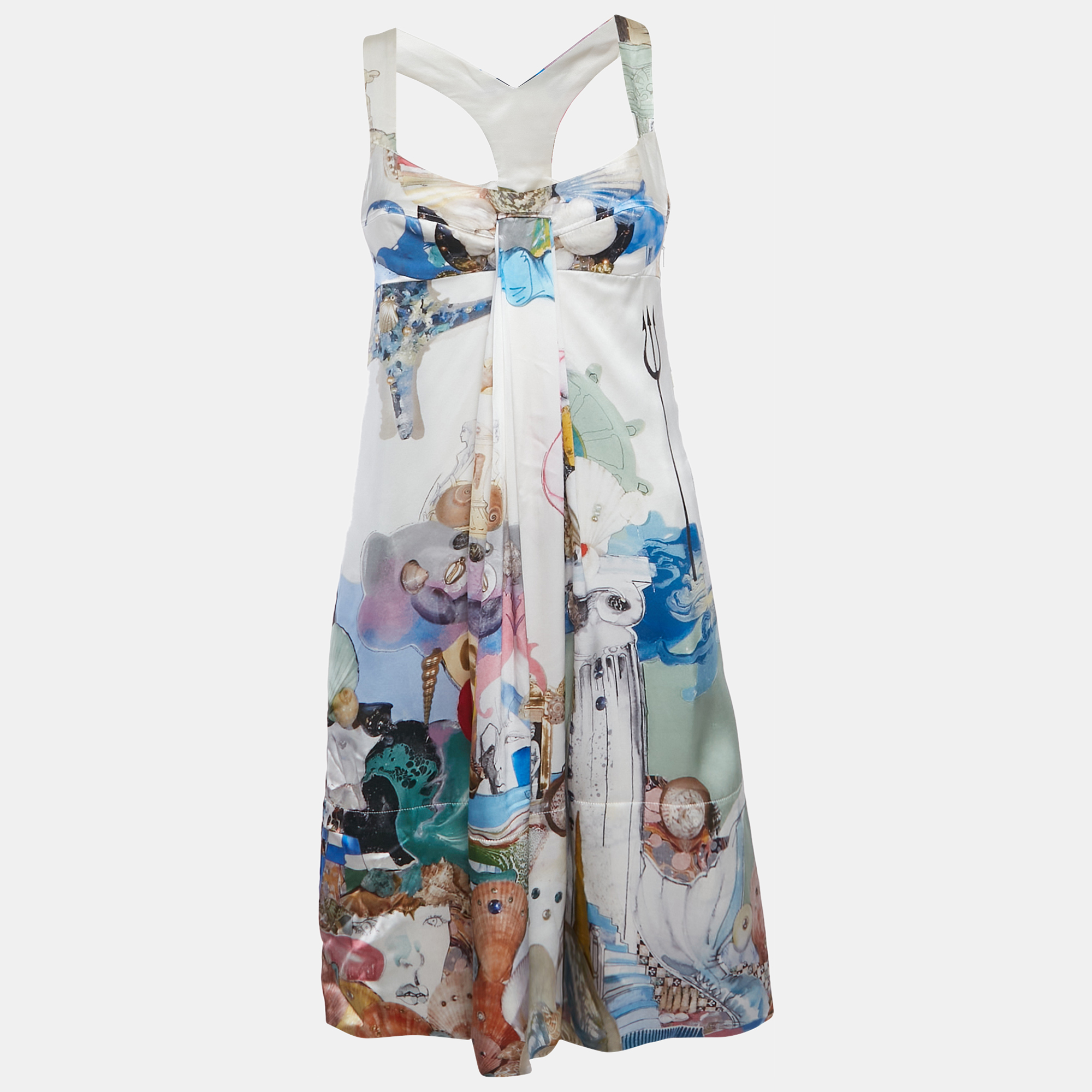 

Versace White Underwater Barocco Print Silk Strappy Dress S