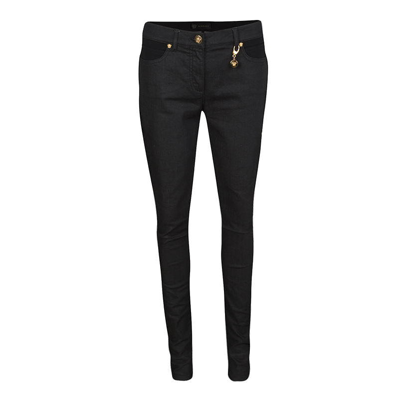 Pre Owned Versace Black Denim Knit Paneled Skinny Jeans  M