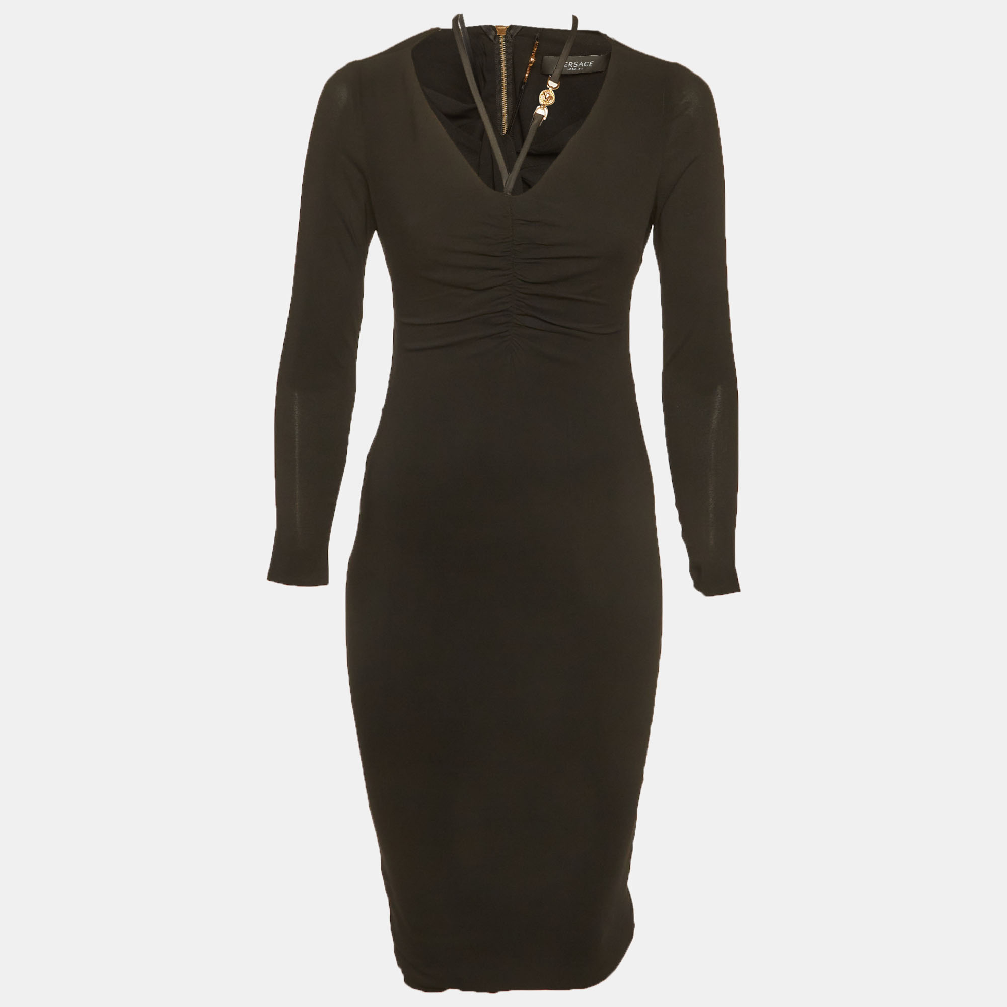 

Versace Black Crepe Medusa Detail Ruche Midi Dress S