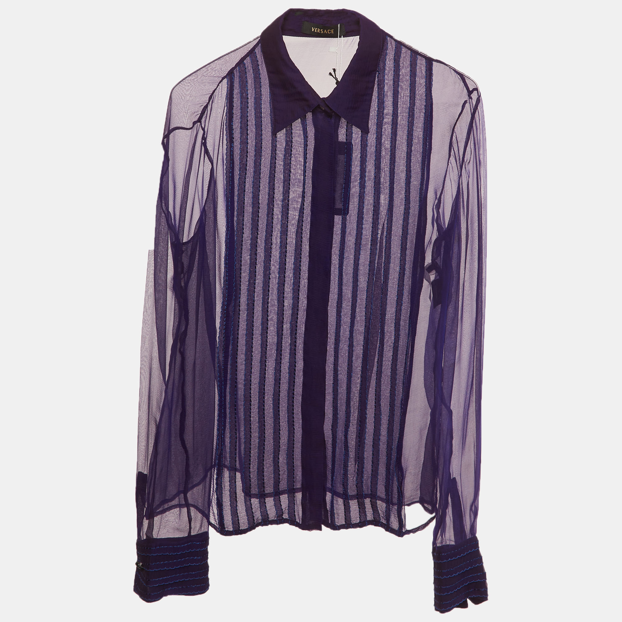 

Versace Purple Sheer Silk Chiffon Embroidered Pin Tuck Shirt L