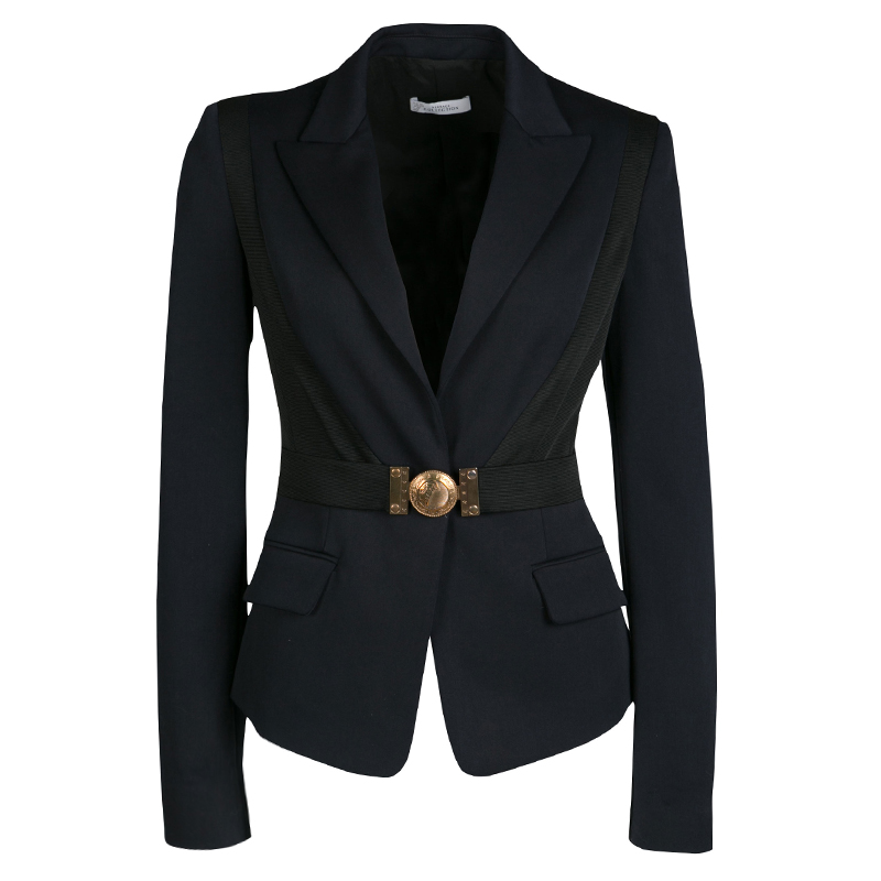 Pre Owned Versace Collection Navy Blue Contrast Panel Buckle Detail Blazer S