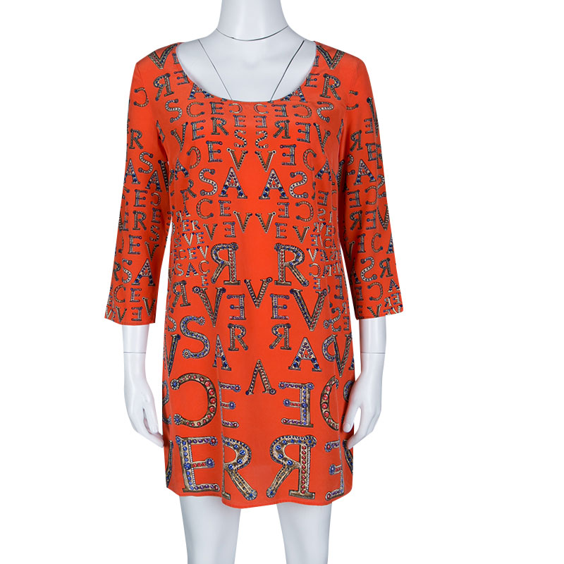 

Versace Orange Logo Alphabet Printed Silk Long Sleeve Shift Dress