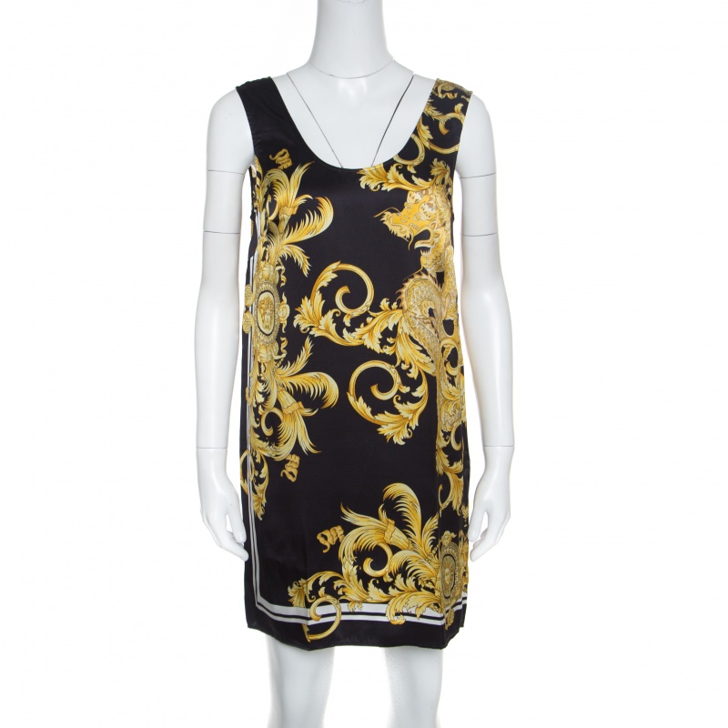 Versace Black Scarf Printed Silk Satin Sleeveless Mini Dress S