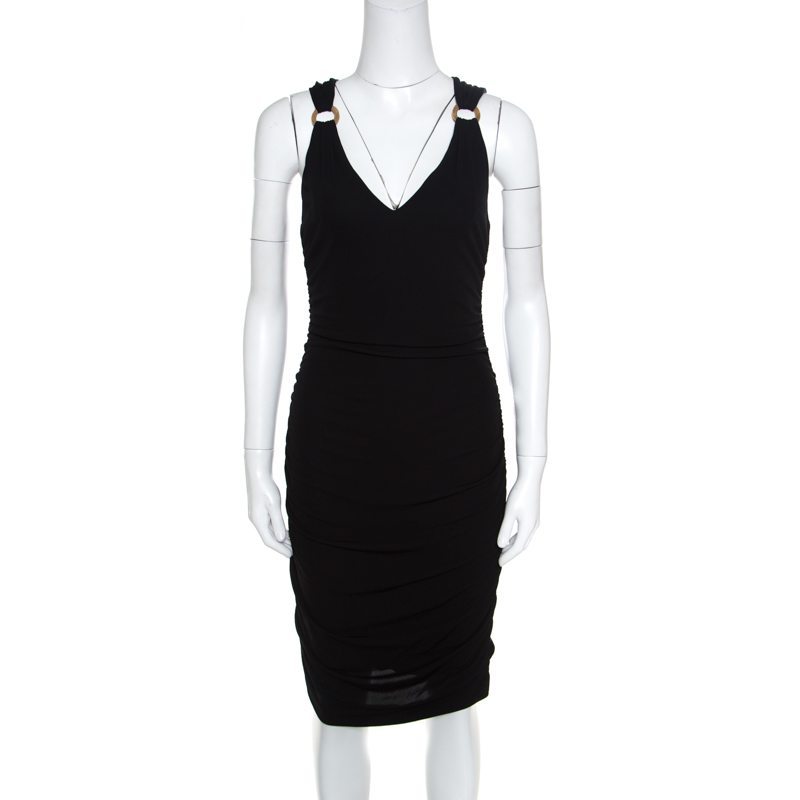 Pre Owned Versace Black Ruched Metal Ring Detail Sleeveless Bodycon Dress M