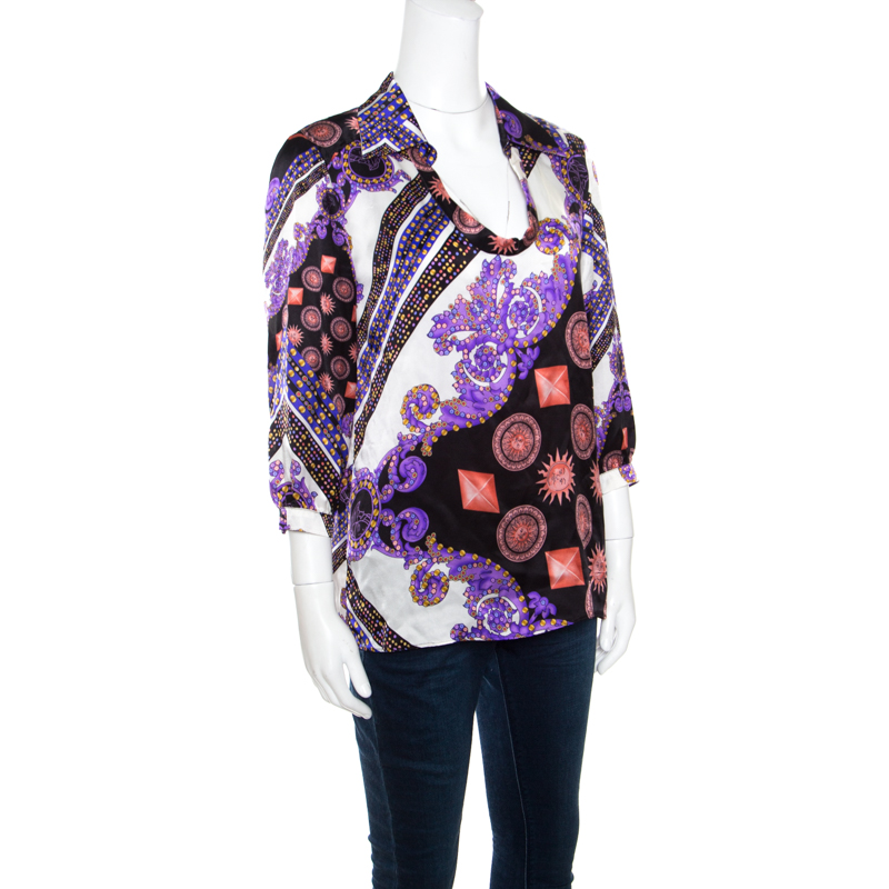 

Versace Collection Multicolor Sun and Crystals Motif Printed Silk Blouse