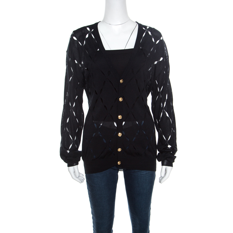 مملوكة مسبقًا Versace Black Pointelle Knit Button Front Long Sleeve Cardigan XL