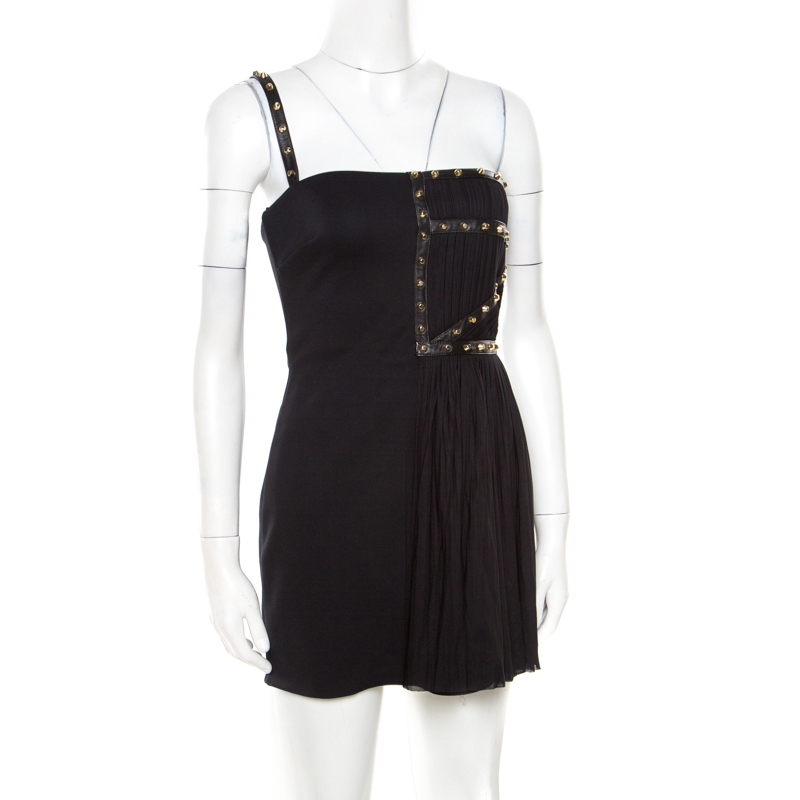 

Versace Black Jersey Plisse Overlay Studded One Shoulder Mini Dress