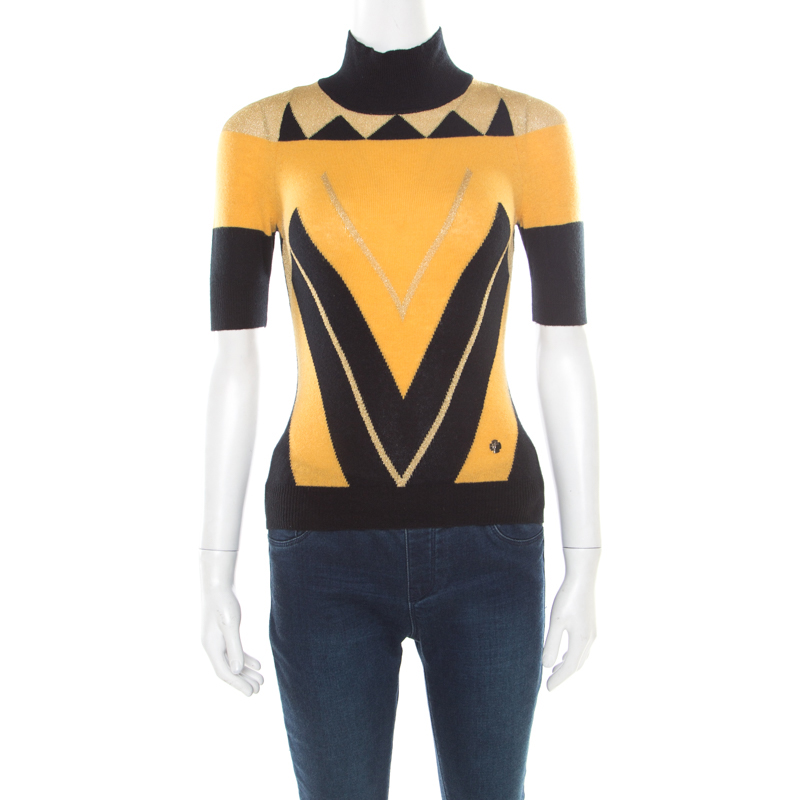 Pre Owned Versace Collection Multicolor Lurex Detail Short Sleeve Sweater S