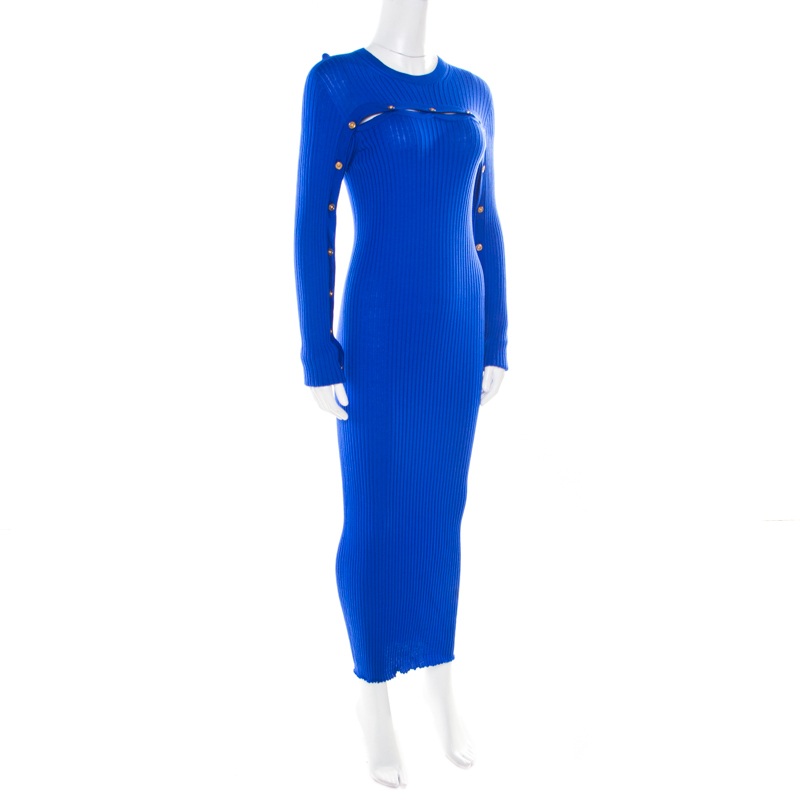

Versace Cobalt Blue Ribbed Wool Knit Medusa Fitted Midi Dress