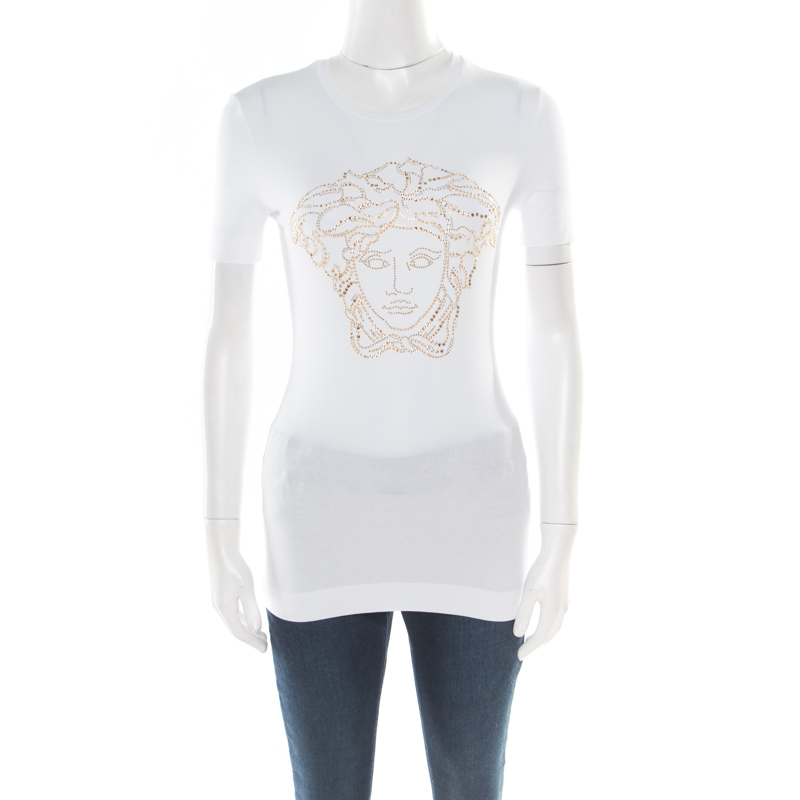 Pre Owned Versace White Crystal Embellished Medusa Icon Short Sleeve T-Shirt S