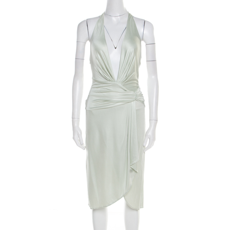 Pre Owned Versace Mint Green Draped Medusa Clasp Detail Halter Dress S