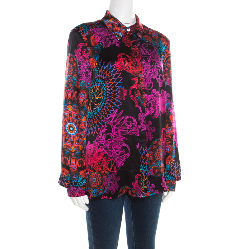 

Versace Collection Multicolor Paisley Glow Print Satin Silk Long Sleeve Shirt, Black