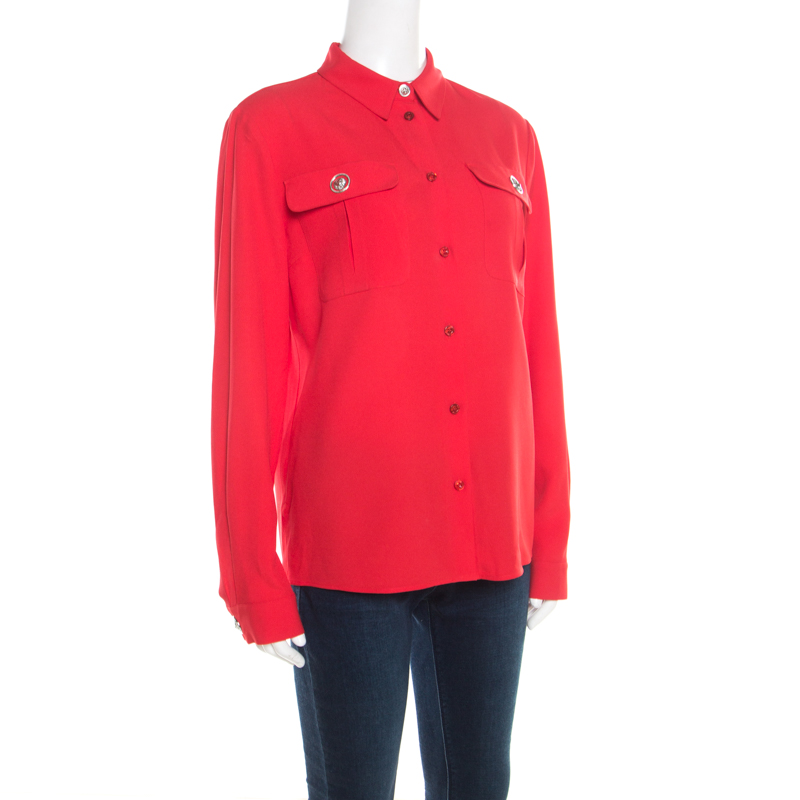 

Versus Versace Red Crepe Medusa Button Detail Long Sleeve Blouse