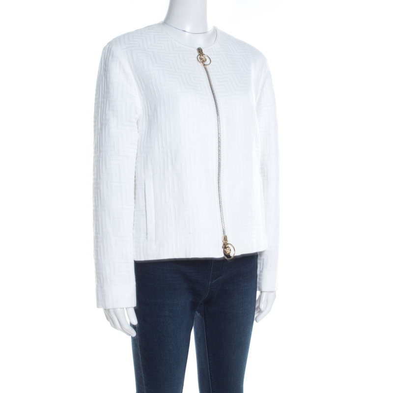 

Versace White Cotton Linen Embossed Zip Front Jacket