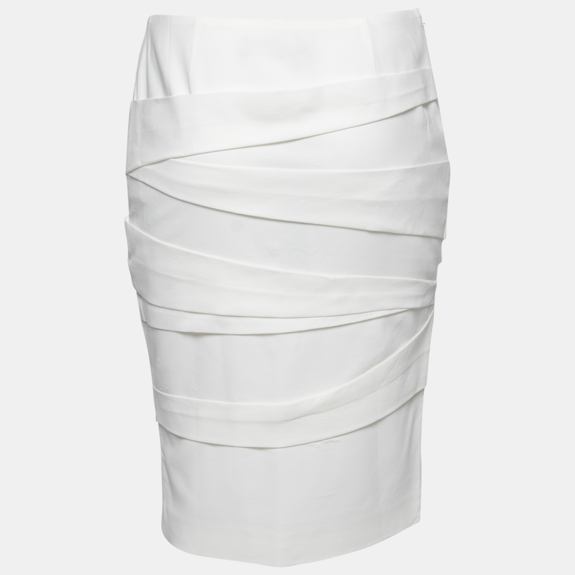 

Versace Off White Crepe Stretch Asymmetric Panel Tiered Pencil Skirt