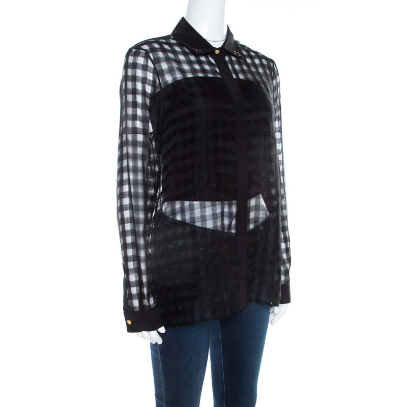 

Versace Black Sheer Checkered Cotton Silk Gold Medusa Button Detail Shirt