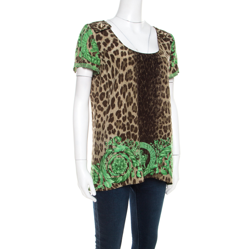 

Versace Leopard and Baroque Printed Silk Shoulder Rivet Detail Top, Multicolor