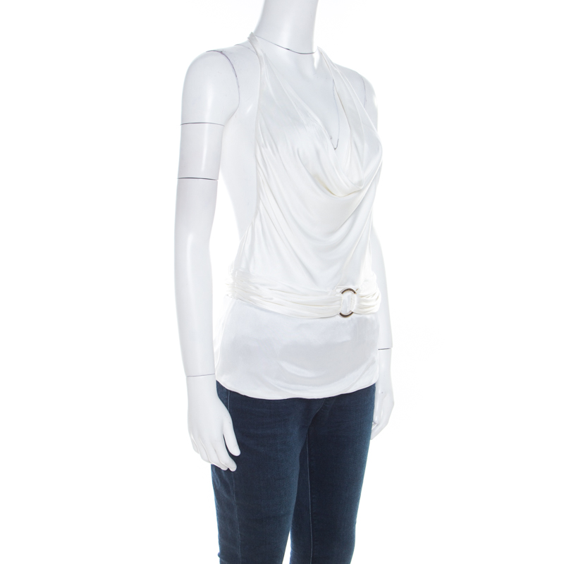 

Versace White Jersey Cowl Halter Neck Buckle Detail Top