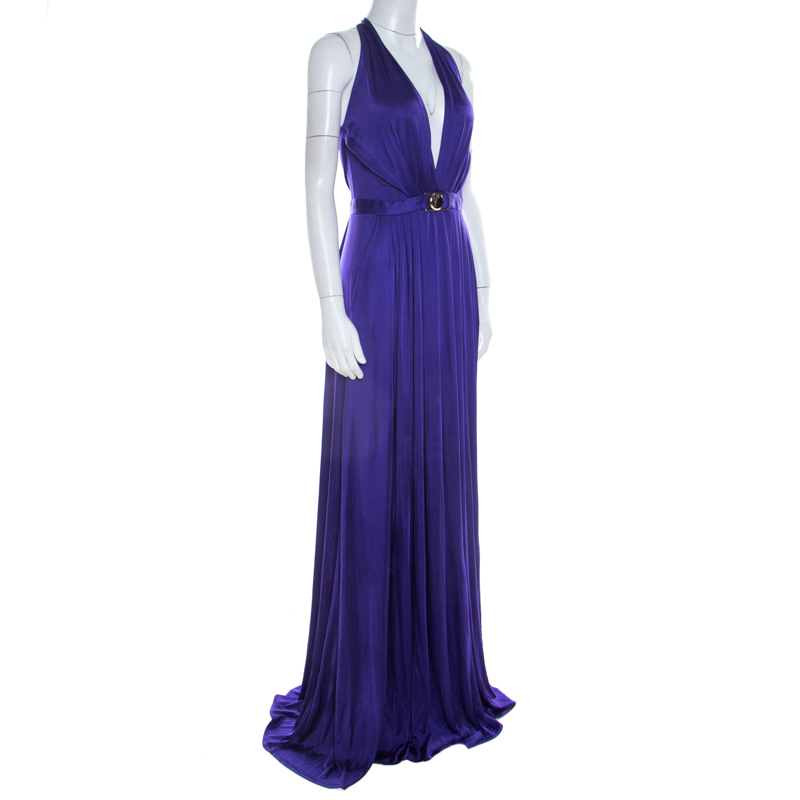 

Versace Collection Purple Pleated Plunge Neck Medusa Icon Evening Gown