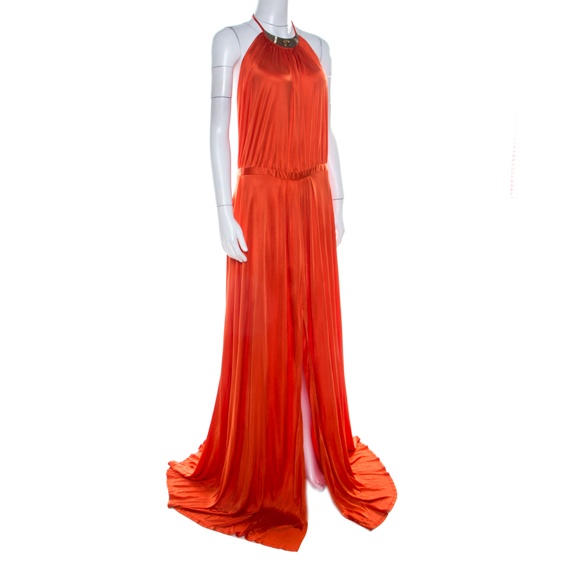 

Versace Collection Orange Knit Medusa Icon Choker Detail Halter Gown