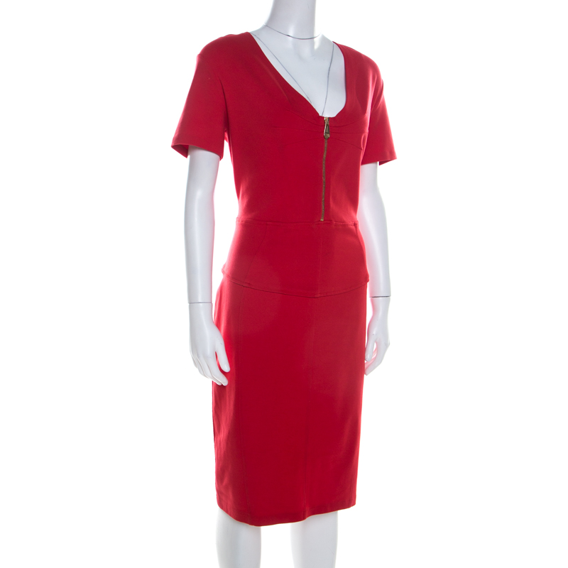

Versace Collection Red Stretch Knit Zip Detail V Neck Pencil Dress
