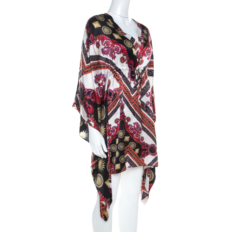 

Versace Collection Multicolor Sun and Crystals Motif Printed Silk Kaftan Tunic