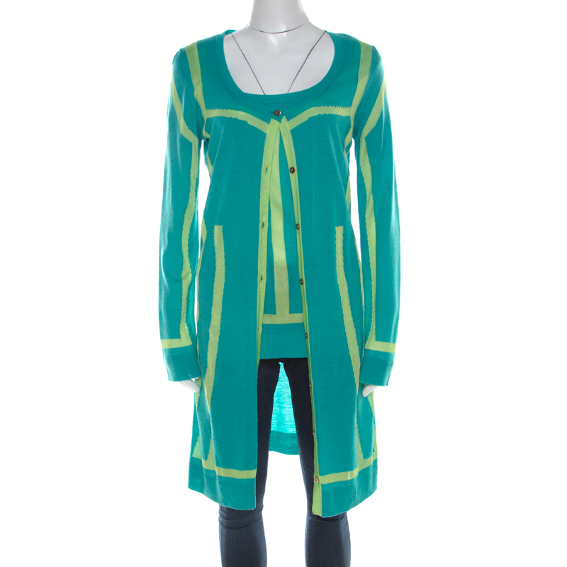 Versace Collection Green Graphic Knit Long Cardigan Set M/L 
