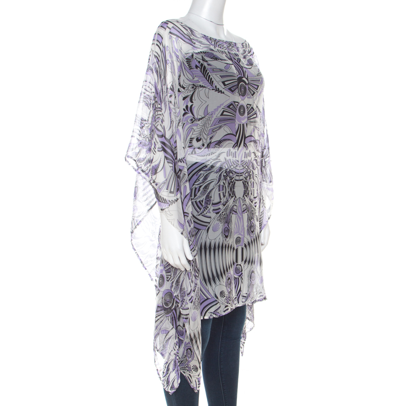 

Versace White and Purple Fish Print Sheer Silk Kaftan Tunic Top