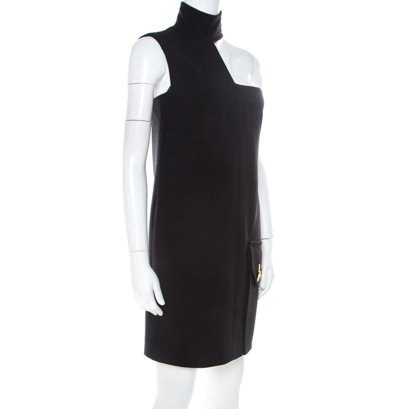 

Versace Black Crepe Wool Asymmetric Cut Out Detail Shift Dress