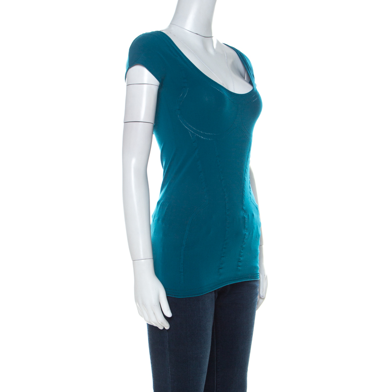 

Versace Collection Teal Blue Stretch Jersey Bodycon Top
