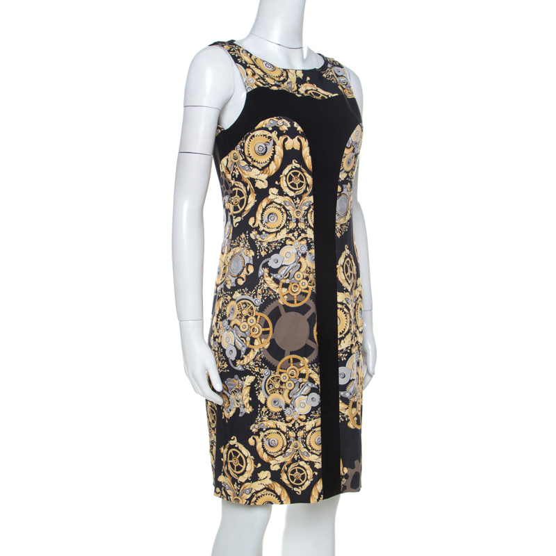 

Versace Collection Black Mechanic Print Stretch Paneled Sheath Dress