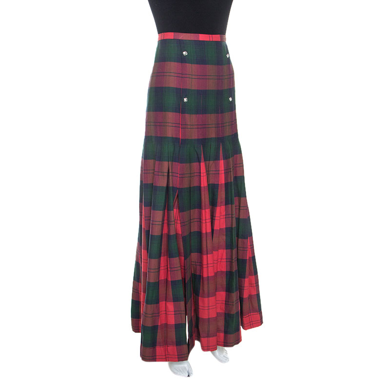 

Versus Versace Red Plaid Cotton Pleated Maxi Skirt