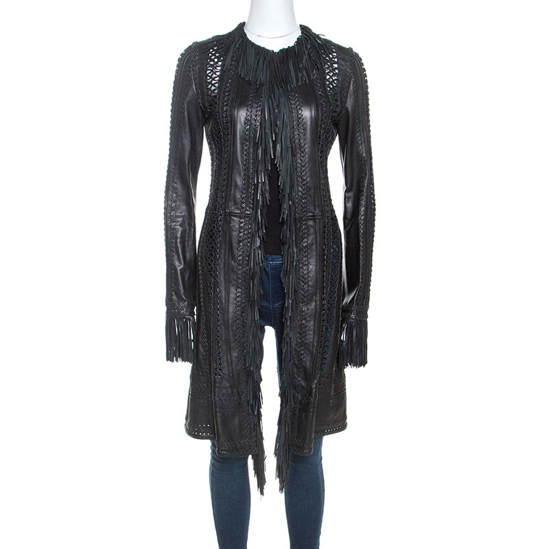 Pre Owned Gianni Versace Vintage Black Leather Fringe Overcoat S