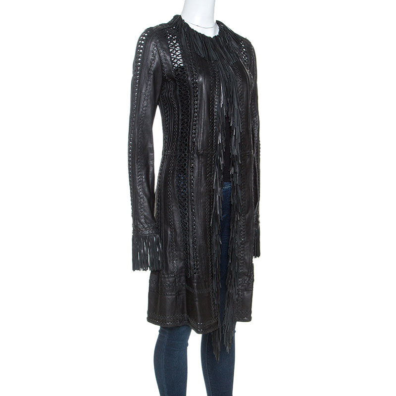 

Gianni Versace Vintage Black Leather Fringe Overcoat