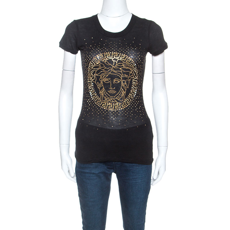 مملوكة مسبقًا Versace Black Jersey Medusa Embellished T-shirt S