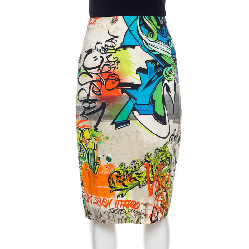 Pre Owned Versace Collection Multicolor Printed Cotton Stretch  Sheath Skirt M