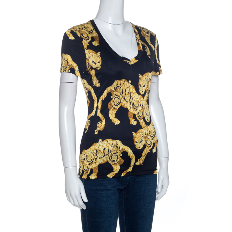 

Versace Collection Bicolor Printed Knit V-Neck Top, Black